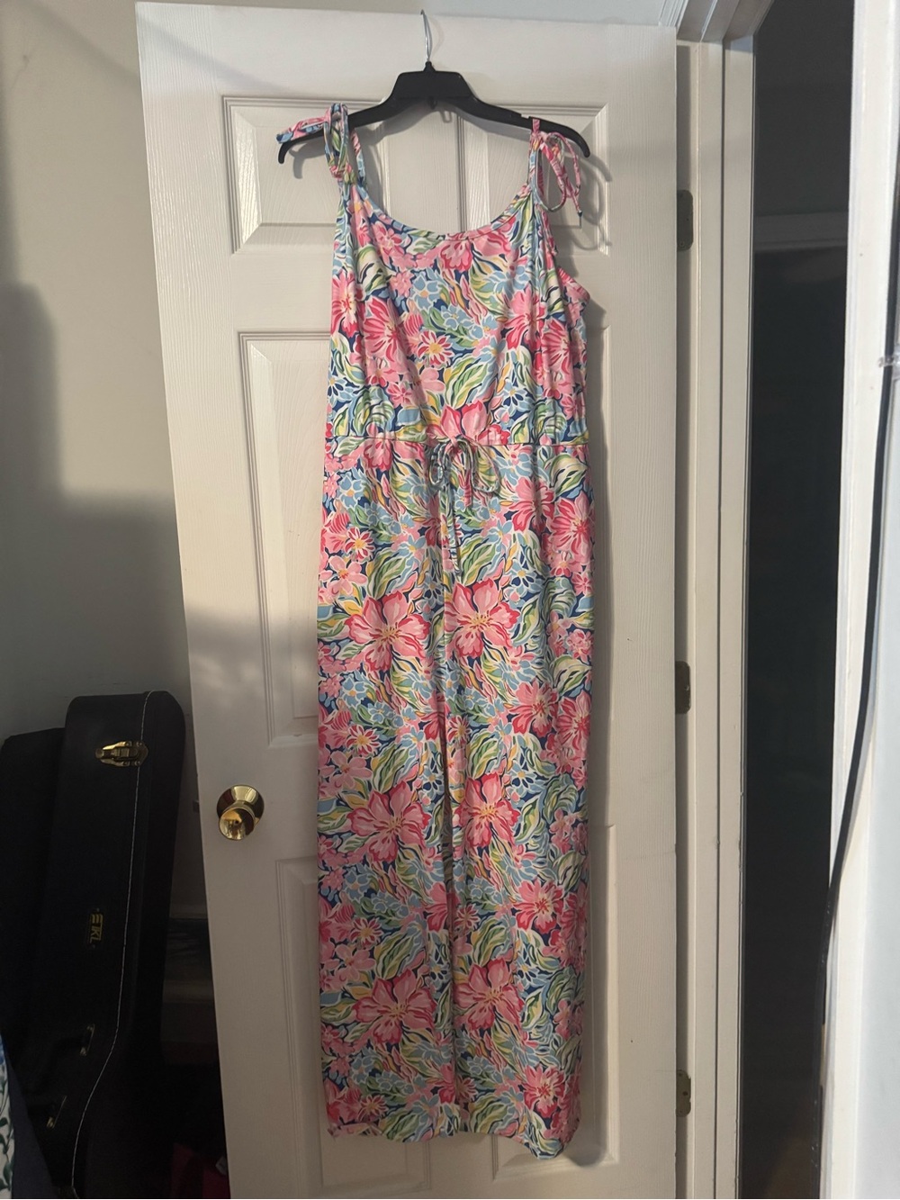 Sleeveless Floral Tie-Shoulder Maxi Jumpsuit in Pink & Blue